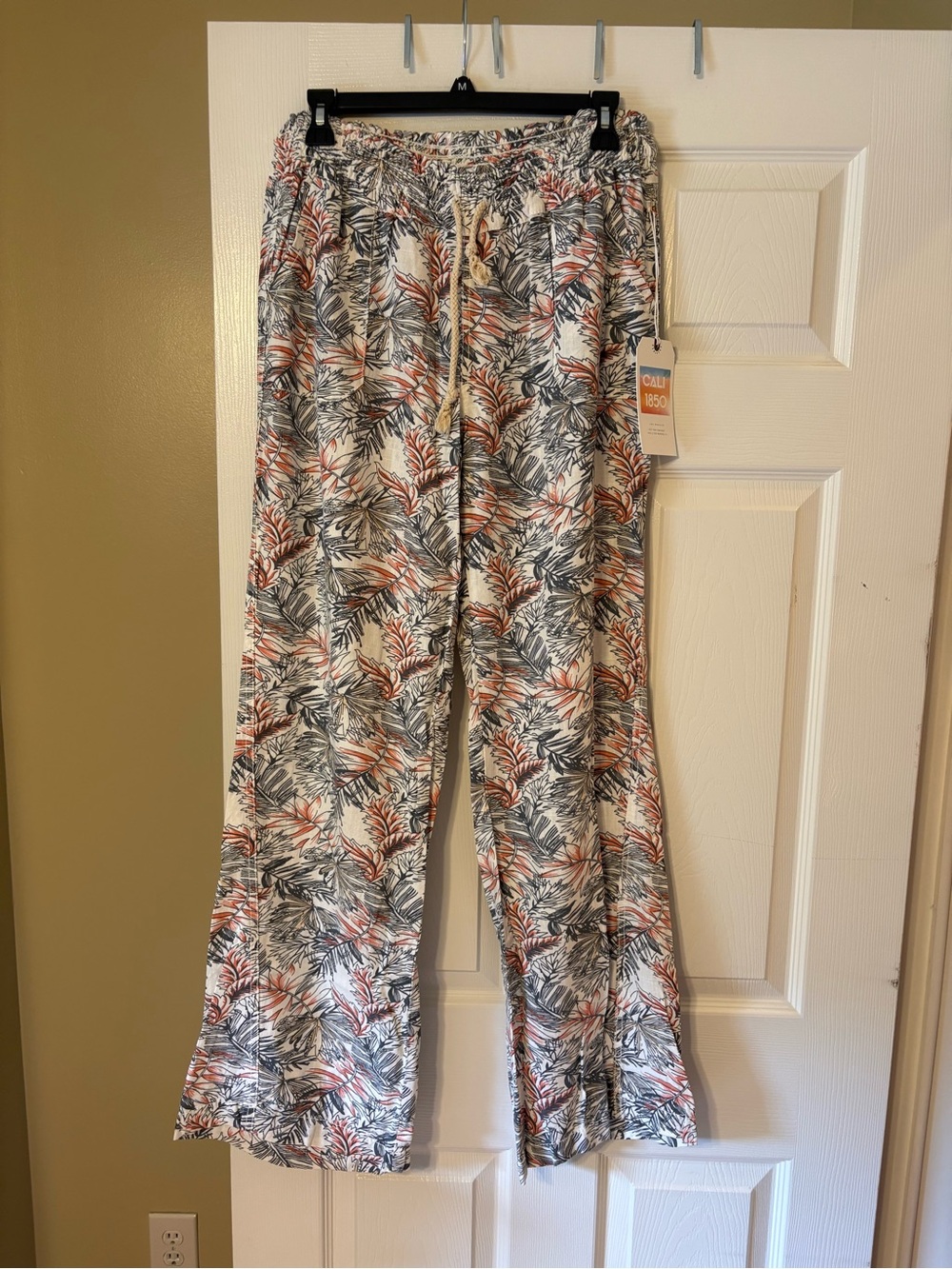 Cali 1850 Tropical Palazzo Pants NWT Size L Wide Leg Drawstring Resort Beach